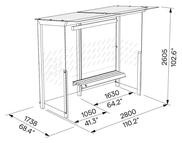 Egoe X Buswartehalle mit Glasdach 2,8 x 1,7 m, X1-210R-SS – Maßzeichnung