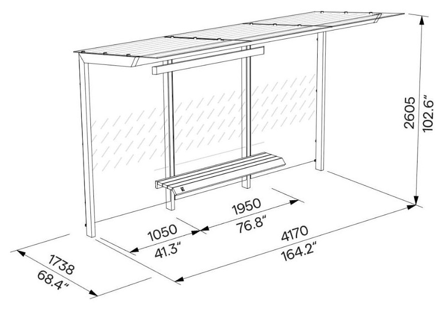 Egoe X Buswartehalle mit Glasdach 4,2 x 1,7 m, X1-300-SS – Maßzeichnung