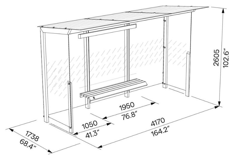 Egoe X Buswartehalle mit Glasdach 4,2 x 1,7 m, X1-310-SS – Maßzeichnung