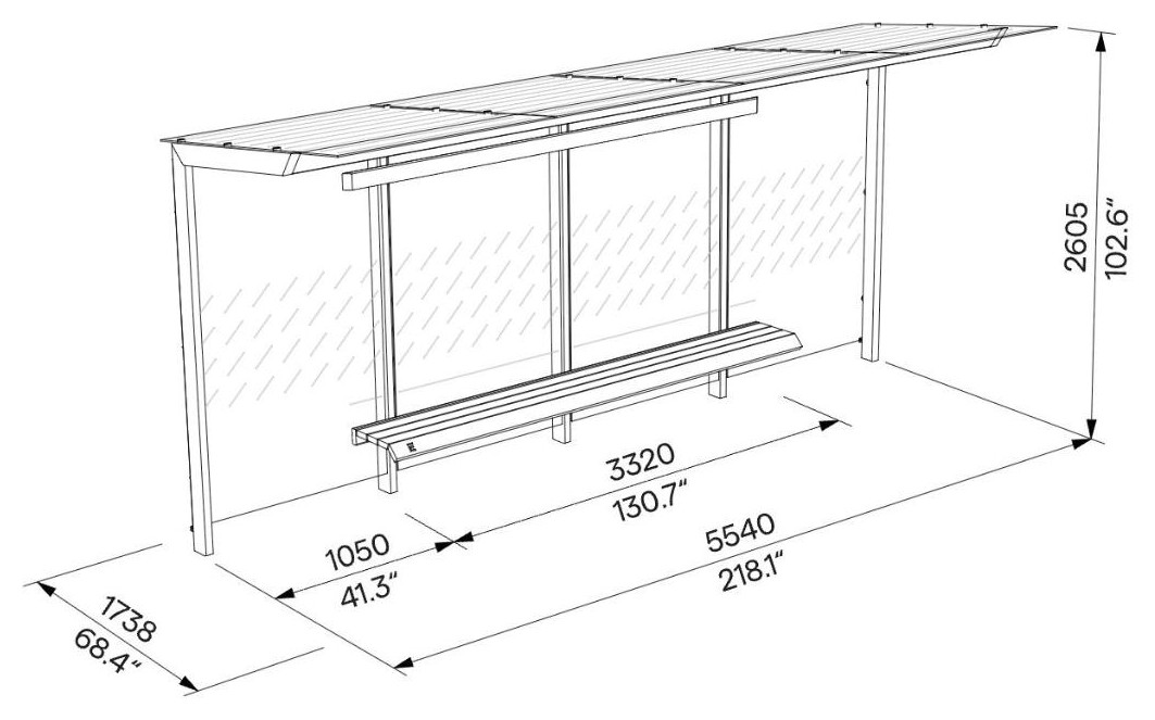 Egoe X Buswartehalle mit Glasdach 5,5 x 1,7 m, X1-400-SS – Maßzeichnung