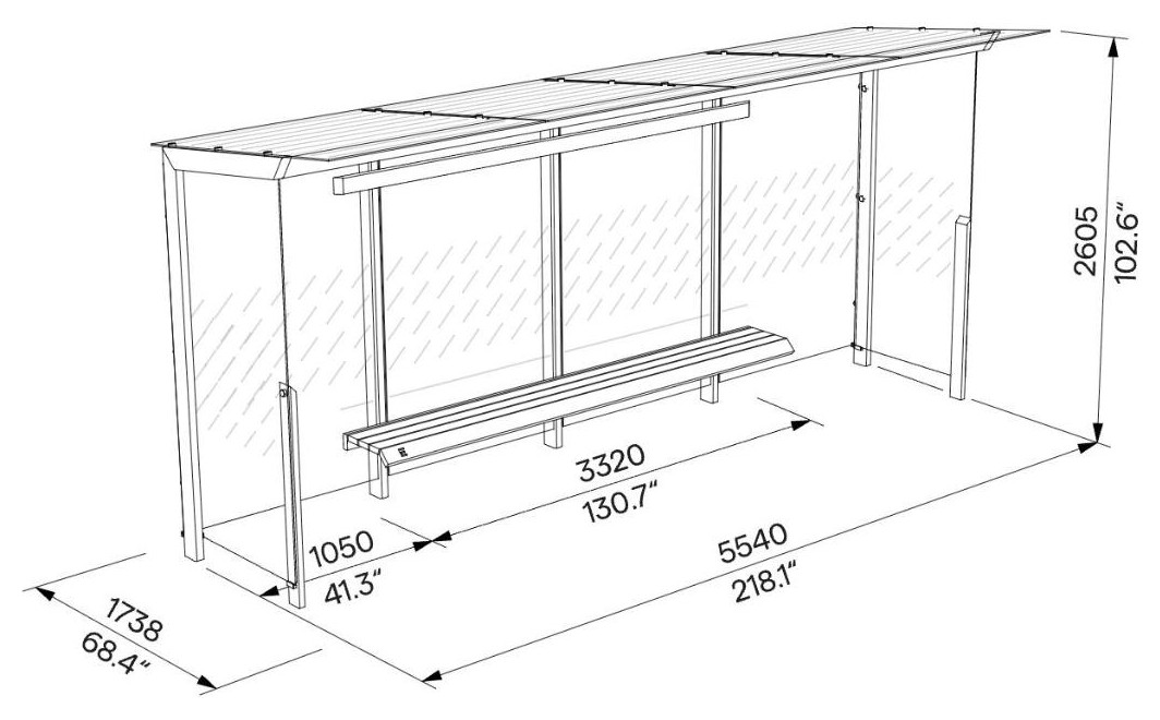 Egoe X Buswartehalle mit Glasdach 5,5 x 1,7 m, X1-410-SS – Maßzeichnung
