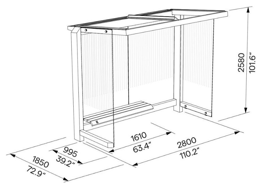 Egoe X Buswartehalle mit Glasdach 2,8 x 1,7 m, X2-210L-SS – Maßzeichnung