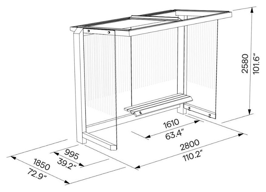 Egoe X Buswartehalle mit Glasdach 2,8 x 1,7 m, X2-210R-SS – Maßzeichnung