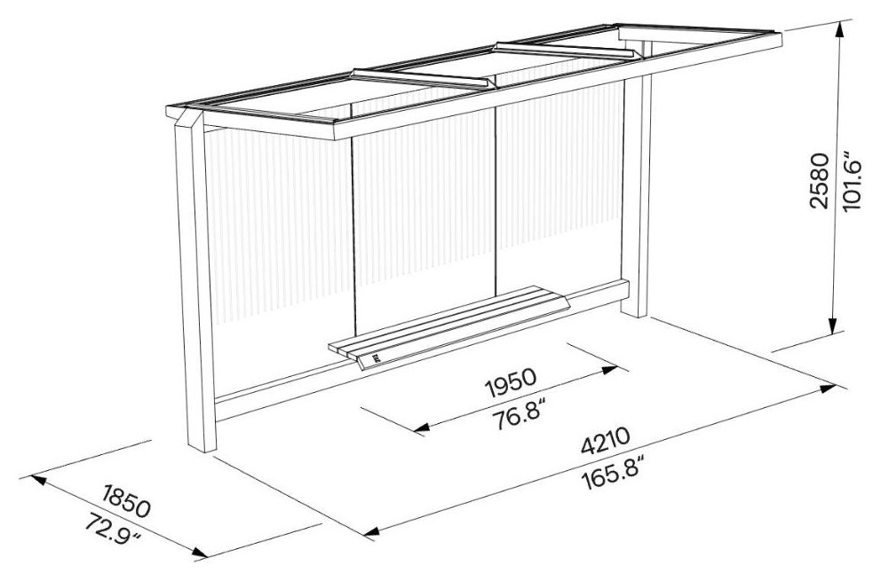 Egoe X Buswartehalle mit Glasdach 4,2 x 1,7 m, X2-300-SS – Maßzeichnung
