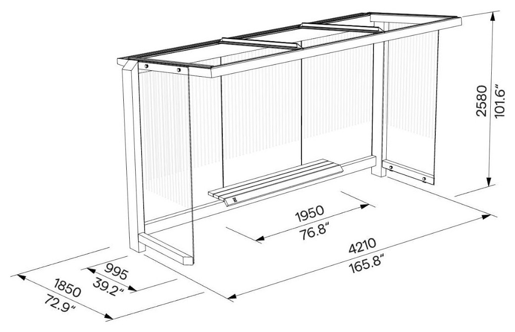 Egoe X Buswartehalle mit Glasdach 4,2 x 1,7 m, X2-310-SS – Maßzeichnung