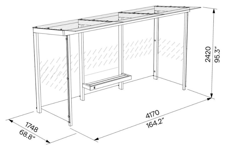 Egoe X Buswartehalle mit Glasdach 4,2 x 1,7 m, X3-310-SS – Maßzeichnung