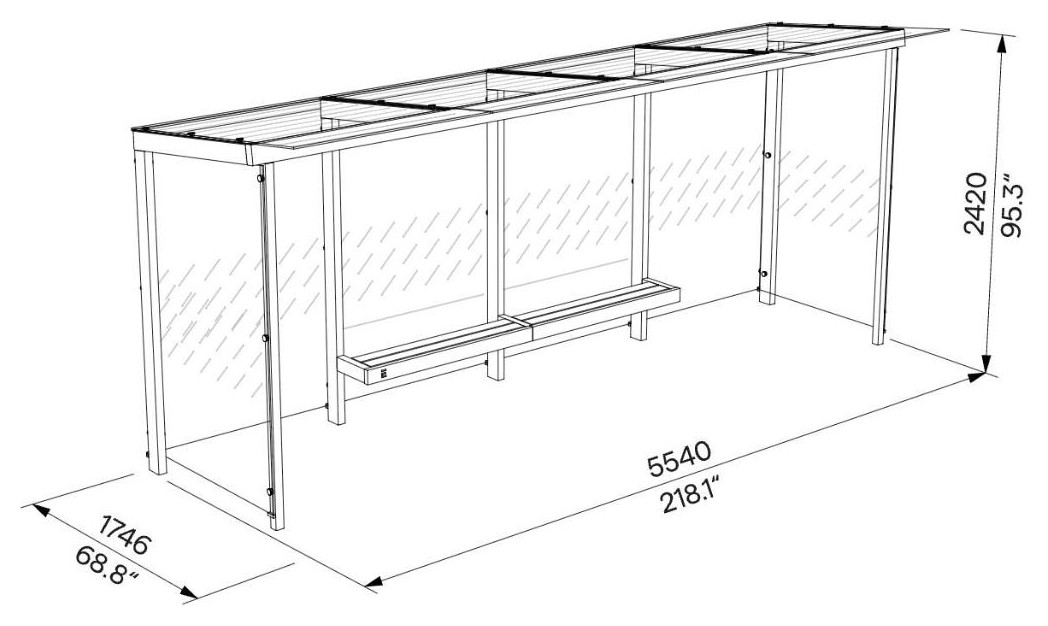 Egoe X Buswartehalle mit Glasdach 5,5 x 1,7 m, X3-410-SS – Maßzeichnung