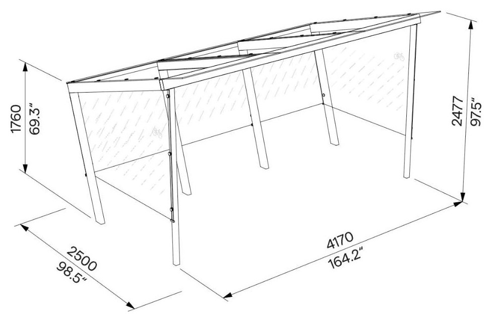 Egoe X Fahrradüberdachung 4,2 x 2,5 m (10 Fahrräder), X3-V310-SS – Maßzeichnung