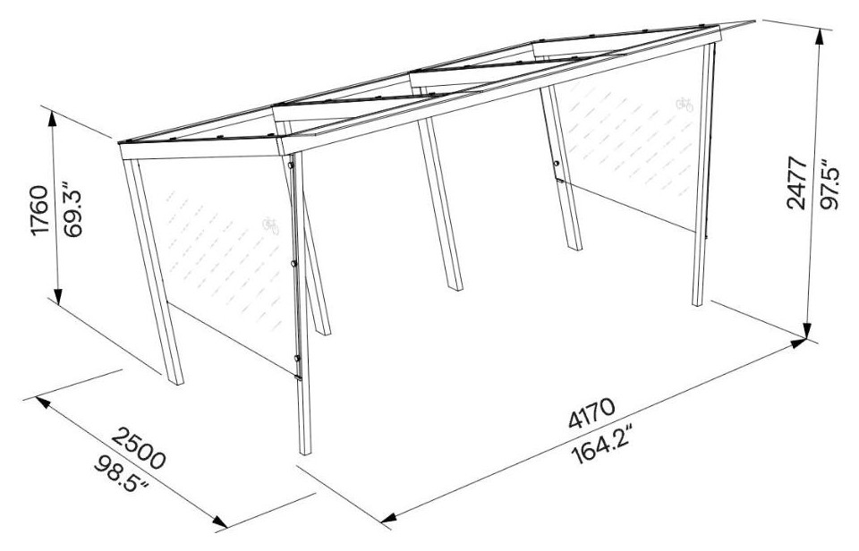 Egoe X pensilina per biciclette con tetto in vetro (10 biciclette), X3-V311-SS – Disegno con misure